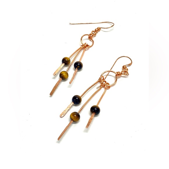 HANDMADE Tigers Eye and Hand Wrapped and Hammered Bare Copper Dangle Earrings - Picture 9 of 10